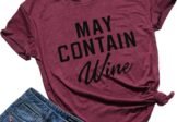 May Contain Wine T Shirt Alcohol Shirts Womens Letter Print Tops Funny Drinking Shirt Casual Short Sleeve Graphic Tees T…